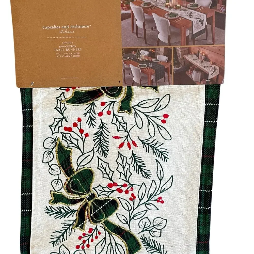 2pc Cupcakes & Cashmere Holly Berry & Bows Double Table Runner Tartan Plaid New